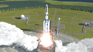 rocket lifting off in kerbal space program illustration with launch equipment behind