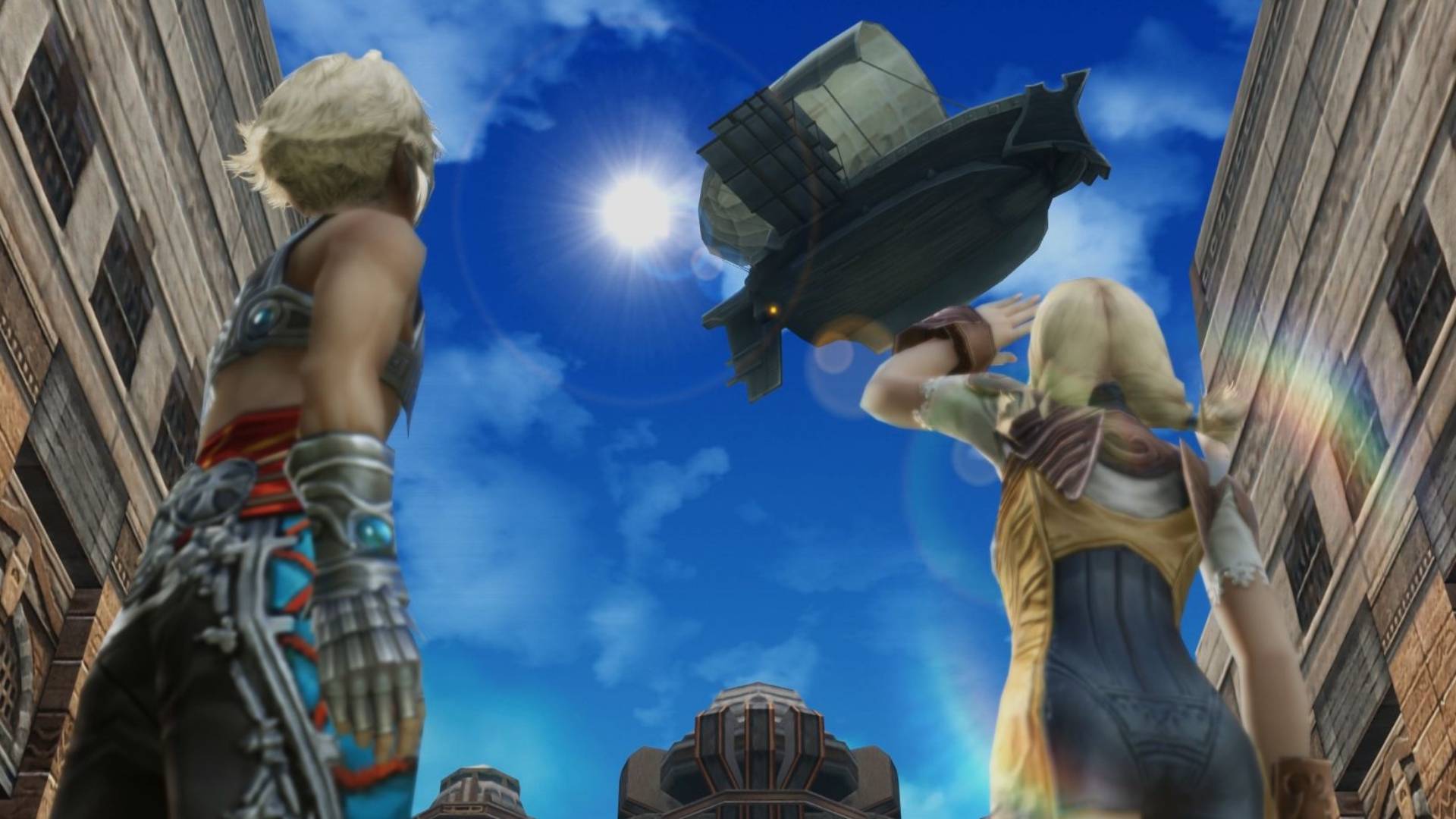 In Final Fantasy 12, Vaan and Penelo look up into the sky at an airship