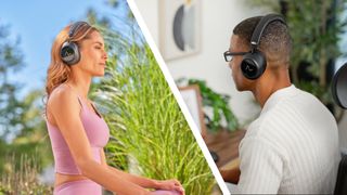 A split-screen image of two people wearing Neurable One headphones: a woman doing yoga, and a man at a laptop