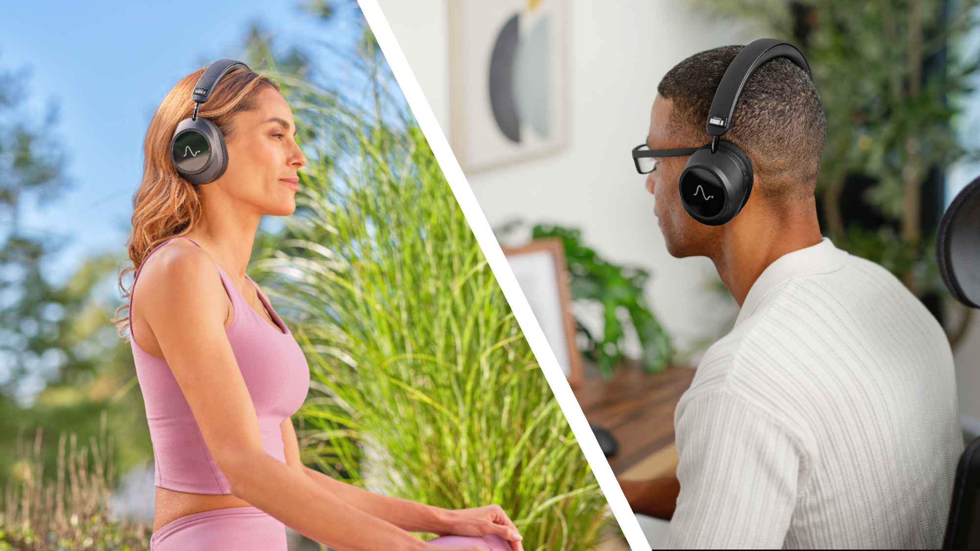 A split-screen image of two people wearing Neurable One headphones: a woman doing yoga, and a man at a laptop