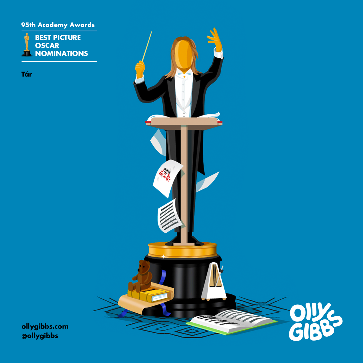 Illustration depicting Best Picture nominations as Oscar statues