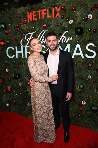 Lindsay Lohan and Bader Shammas attend Netflix’s Falling For Christmas Celebratory Holiday Fan Screening with Cast & Crew on November 9, 2022 in New York City