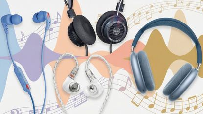Selection of corded headphones, with swirly music themed background