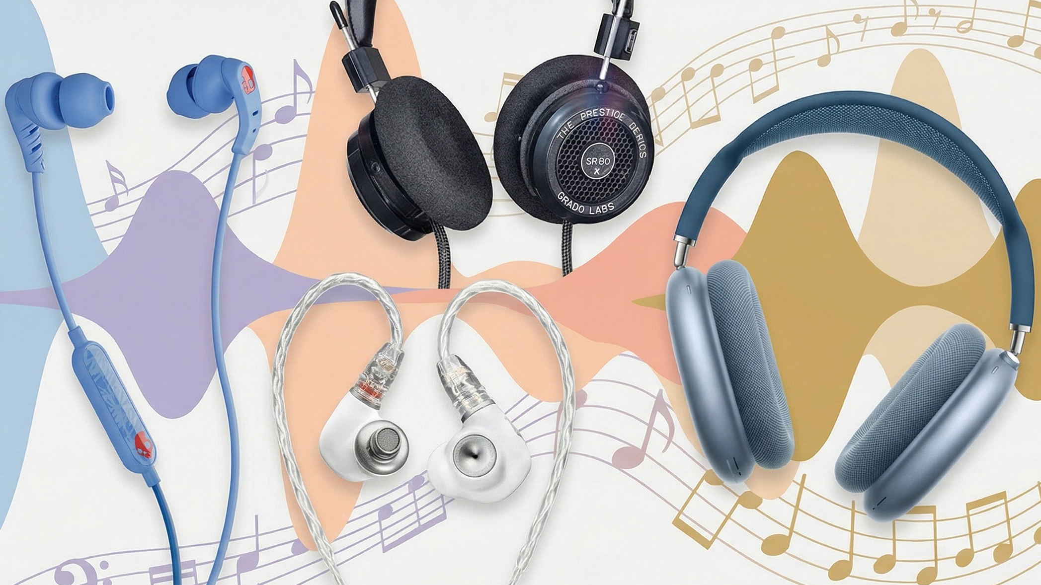 Selection of corded headphones, with swirly music themed background
