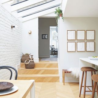 Kitchen diner extension with fixed overhead glazing and steps to the rest of the ground floor living space