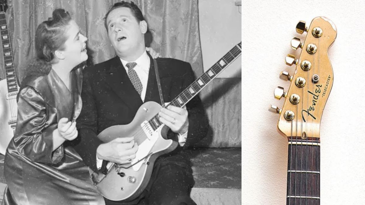 Mary Ford (left) and Les Paul, pictured in 1952, the headstock of a Fender Telecaster