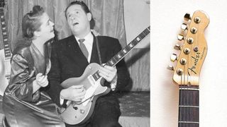 Mary Ford (left) and Les Paul, pictured in 1952, the headstock of a Fender Telecaster