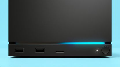 Valve Steam Machine &ndash; close-up on light blue background