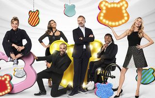 Mel Giedroyc with Graham Norton, Tess Daly, Ade Adepitan, Rochelle Humes and Marvin Humes