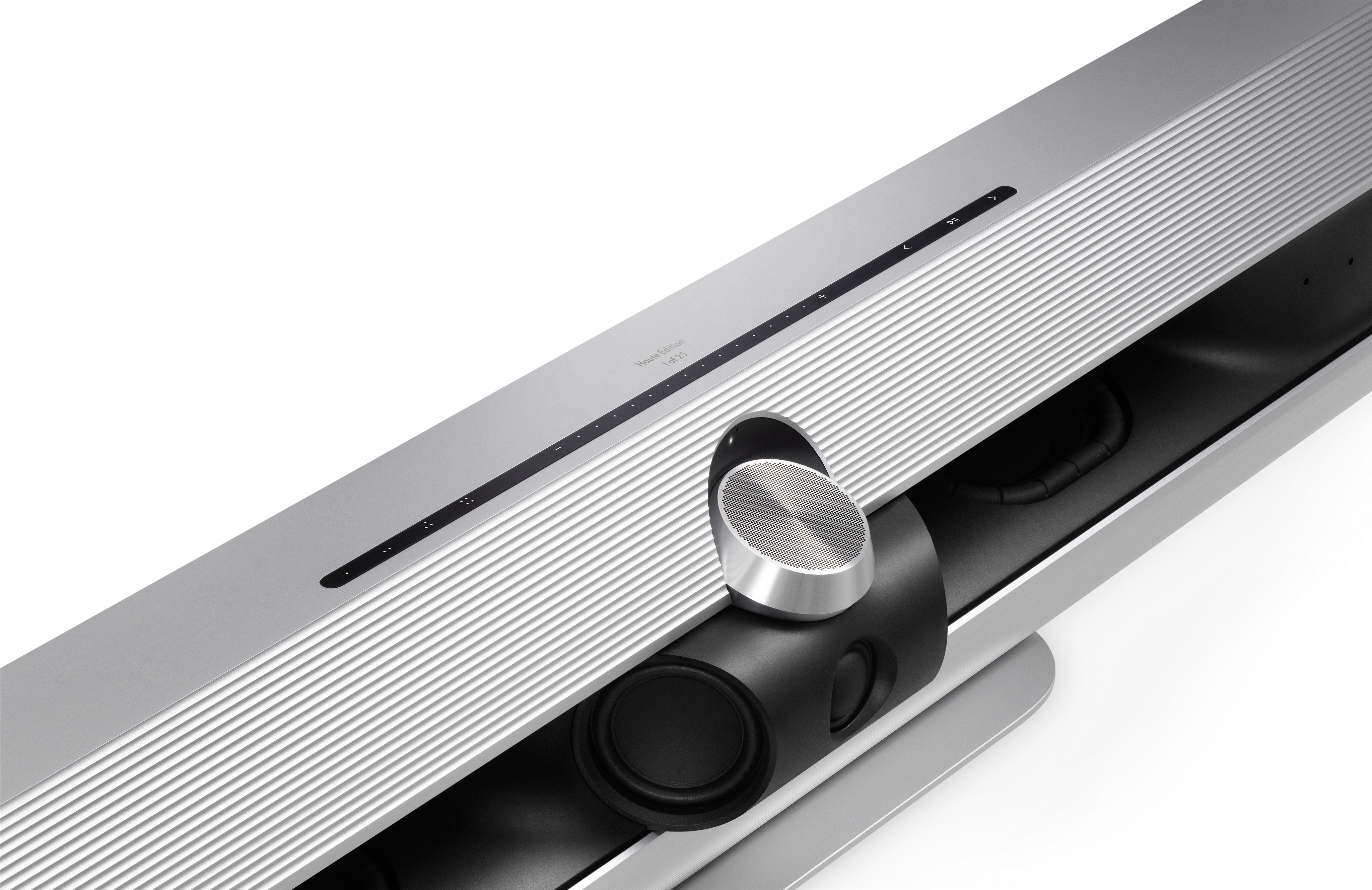 Close-up of the Bang &amp;amp; Olufsen Beosound Premiere showing its centre controls. the image is on a white background