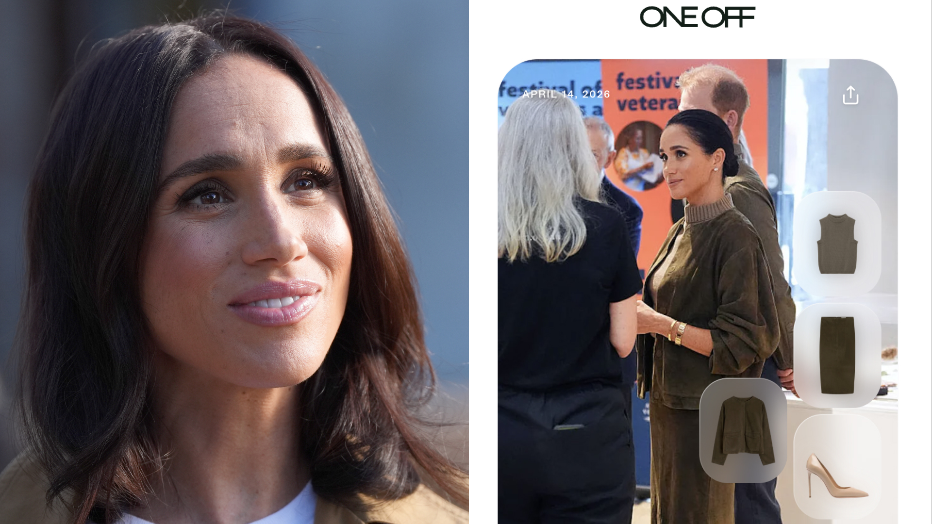 A headshot of Meghan Markle smiling; A screenshot of OneOff fashion discovery site featuing a photo of Meghan Markle in an olive jacket and skirt along with product bubbles featuring her outfit
