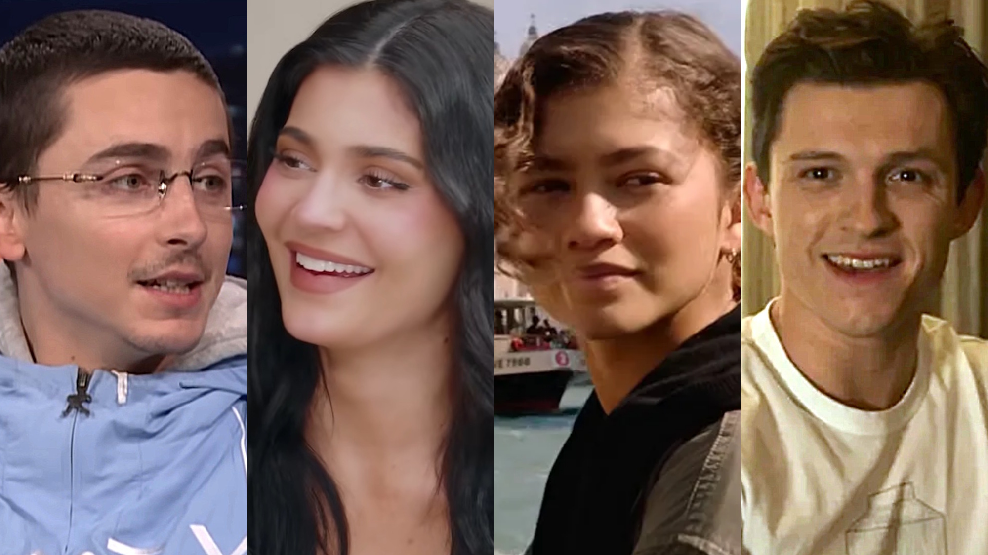 Timothee Chalamet is shown on Jimmy Fallon; Kylie Jenner is shown on the Khloe in Wonder Land podcast, and Zendaya and Tom Holland are shown in Spider-Man.