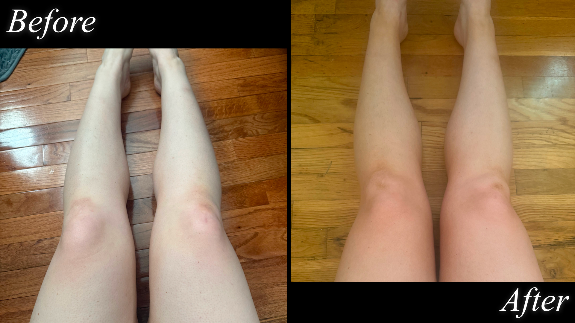 before and after images of brooke knappenberger's legs after testing bondi sands gradual tanning milk