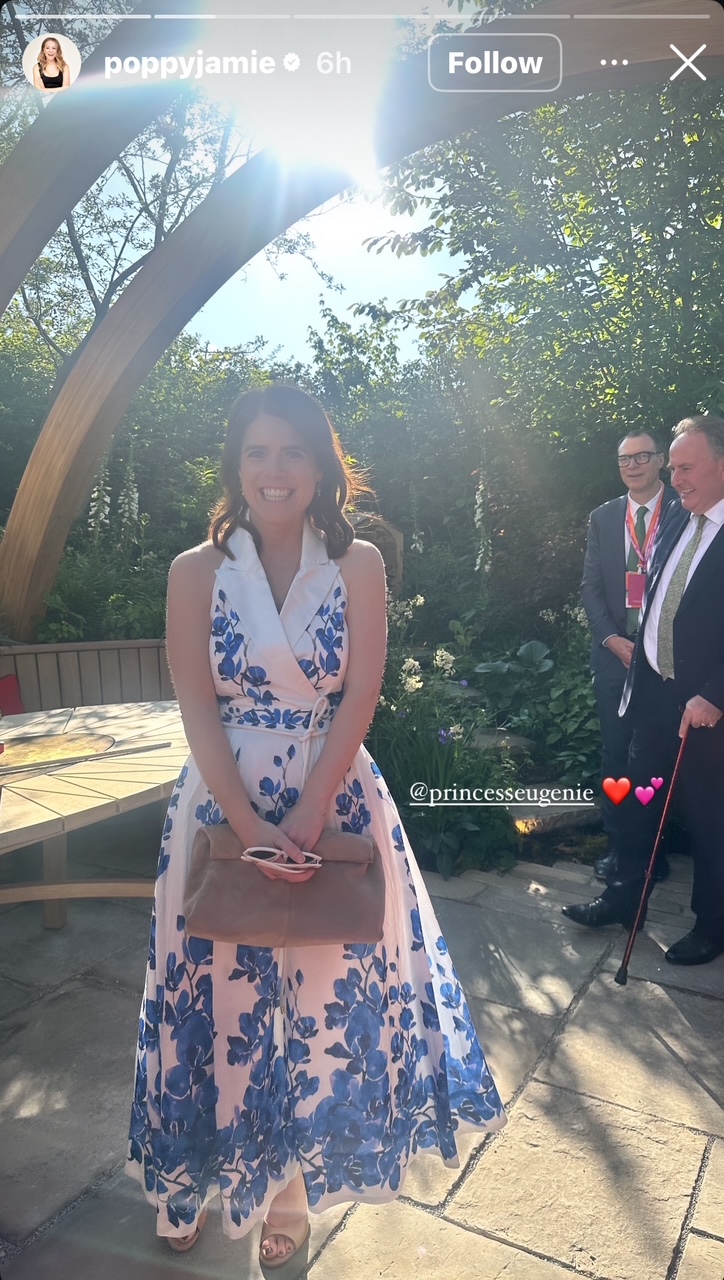 Princess Eugenie wearing a white halter dress with blue florals smiling outside