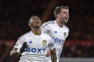 Crysencio Summerville celebrates after scoring for Leeds United against Middlesbrough in April 2024.