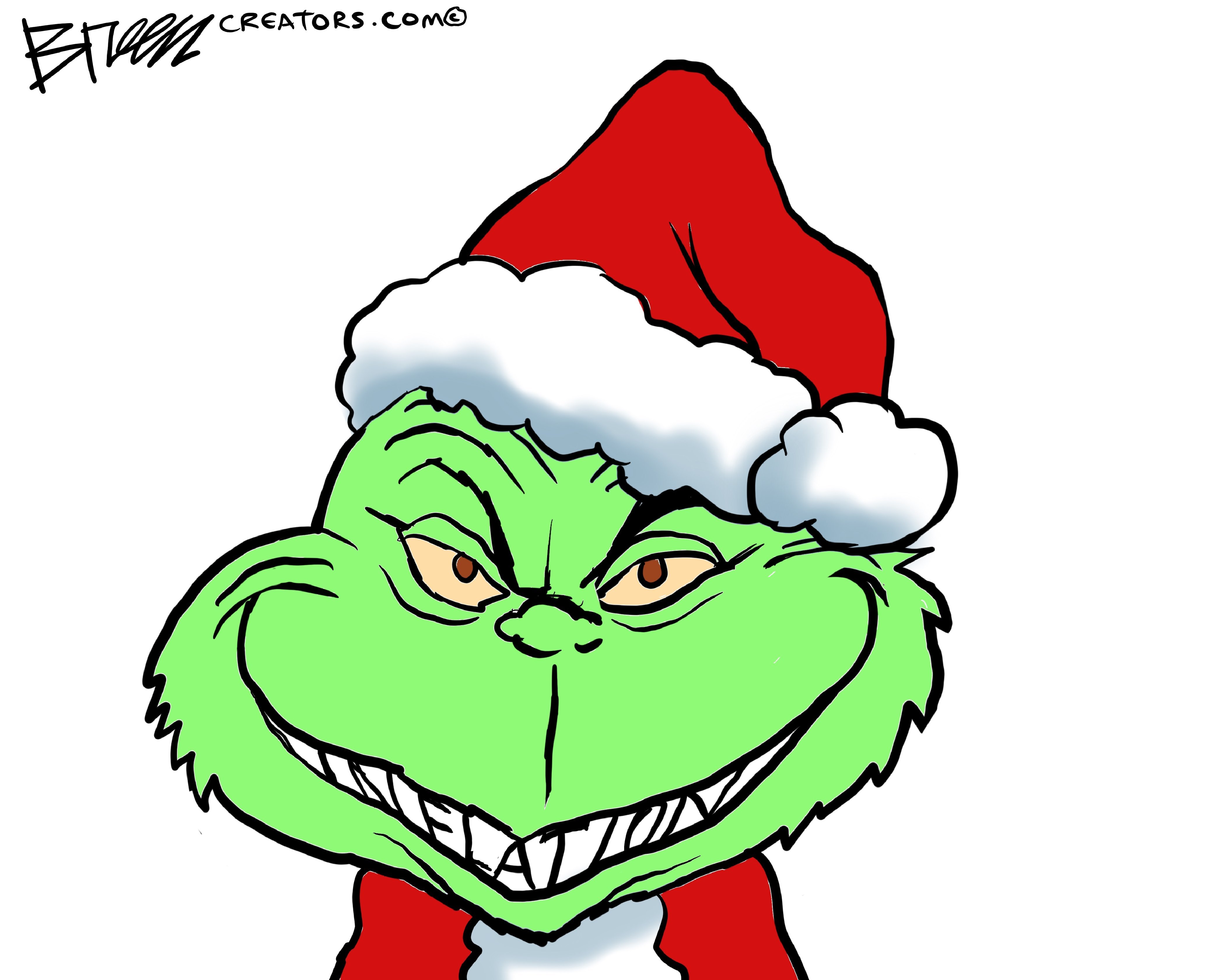 This political cartoon depicts a smiling Grinch with a Santa hat. The Grinch&amp;rsquo;s teeth spell out &amp;ldquo;Inflation.&amp;rdquo;