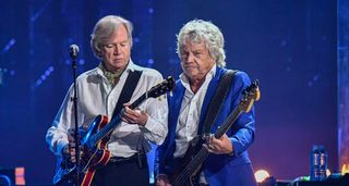 Justin Hayward of the Moody Blues plays his trademark Gibson ES-335 onstage with bassist John Lodge as they are inducted into the Rock And Roll Hall Of Fame in 2018.