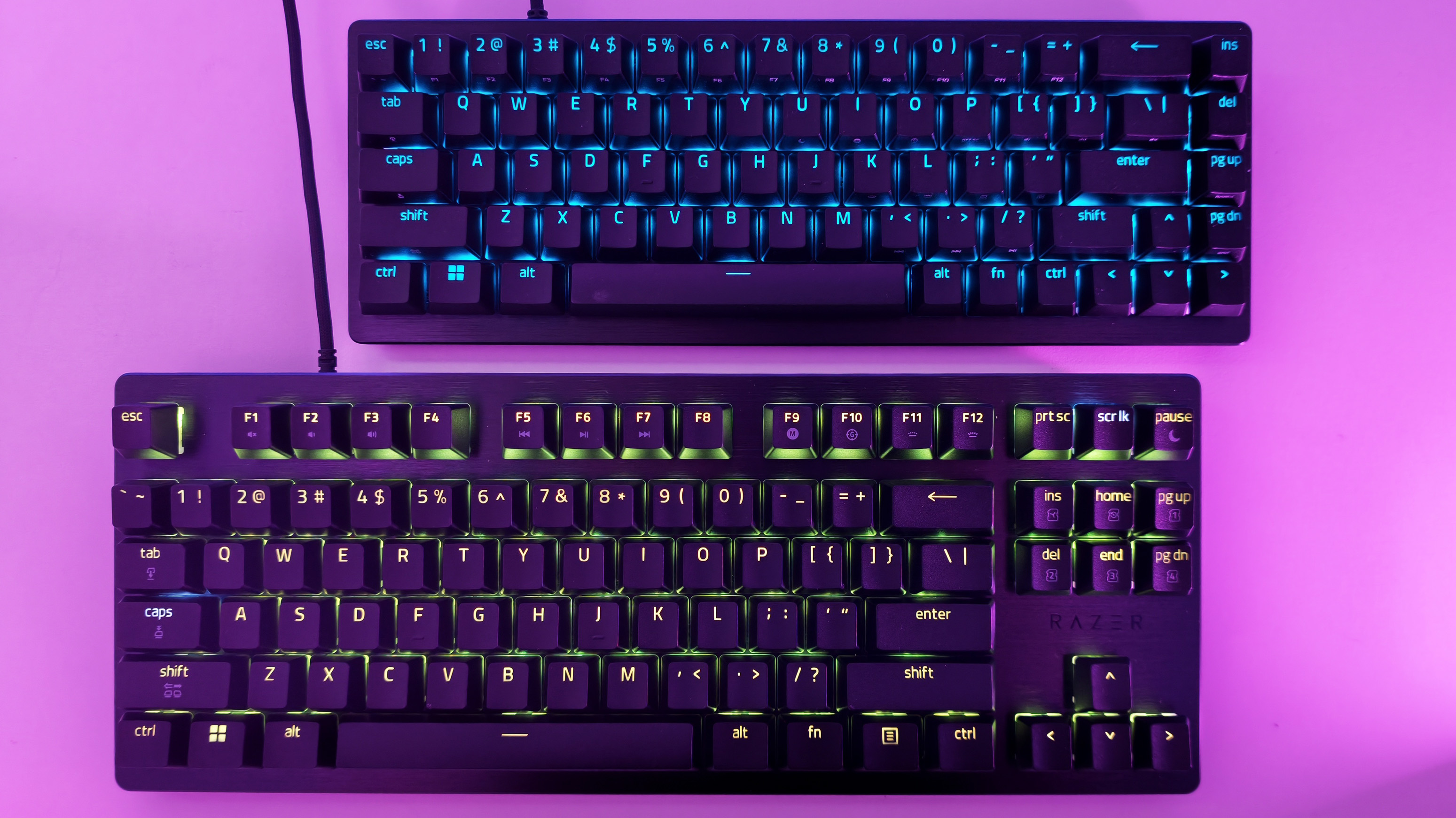 Top-down comparison of the Razer Huntsman V3 HE Mini 65% keyboard (top, cyan RGB) and TKL keyboard (bottom, green RGB) on a pink surface.