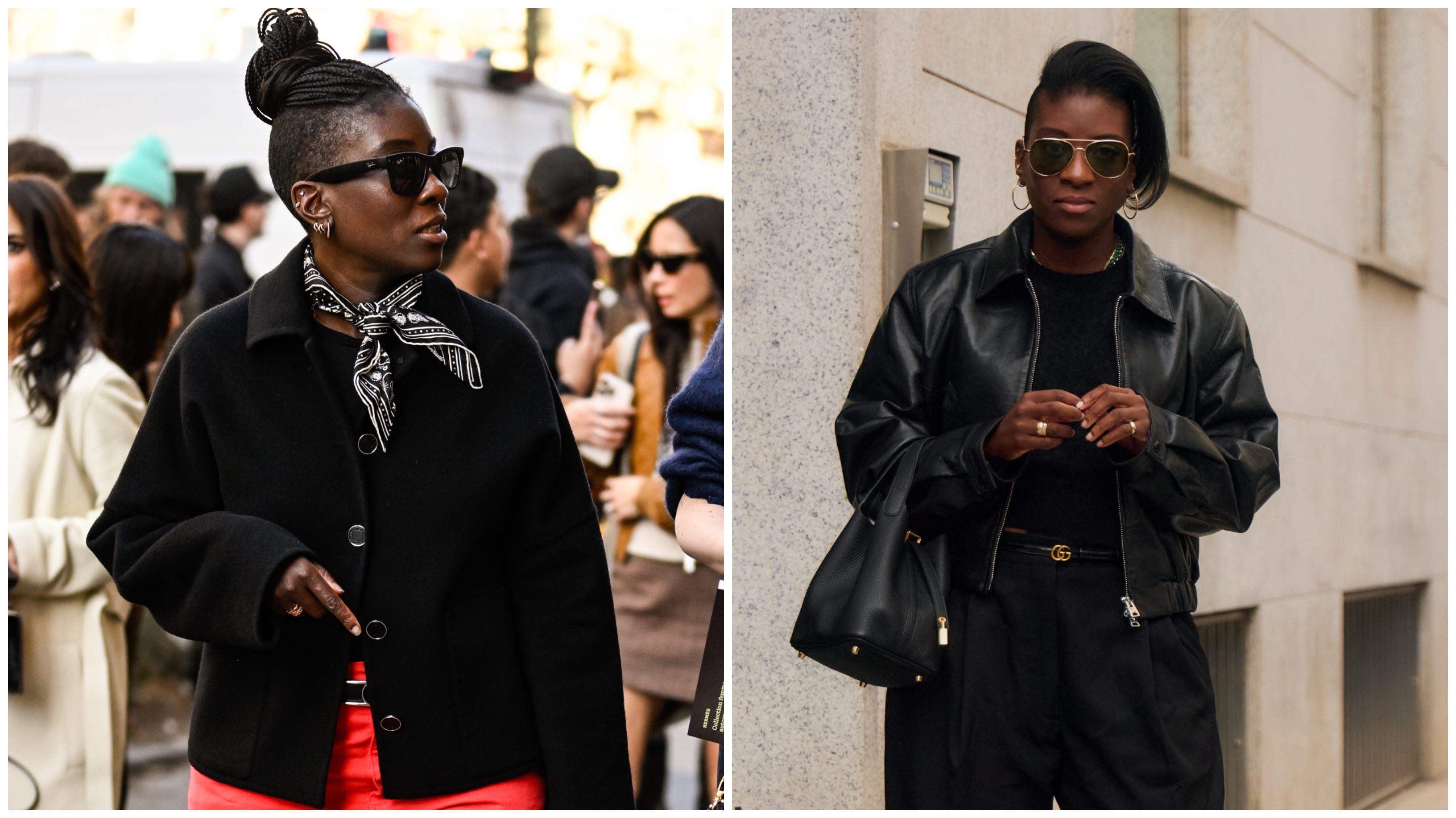 Nikki Ogunnaike wearing a scarf, a black jacket, and red pants; Nikki Ogunnaike wearing a leather jacket and black pants 