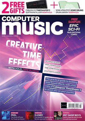 the cover of Computer Music magazine depicting a blue pink vortex and the words Creative Time Effects