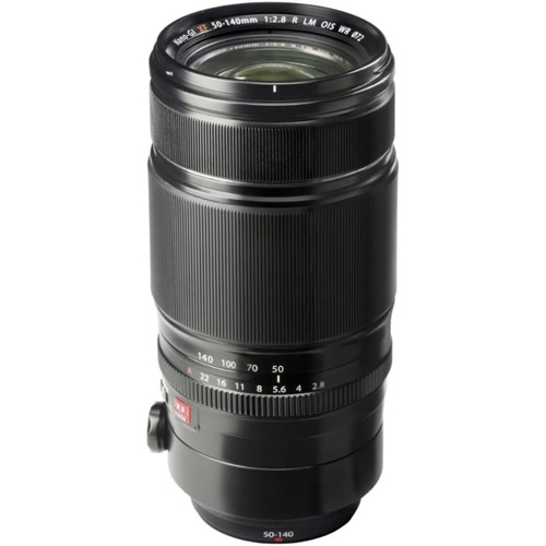 A Fujifilm XF 50-140mm F2.8 R LM OIS WR lens on a white background. 