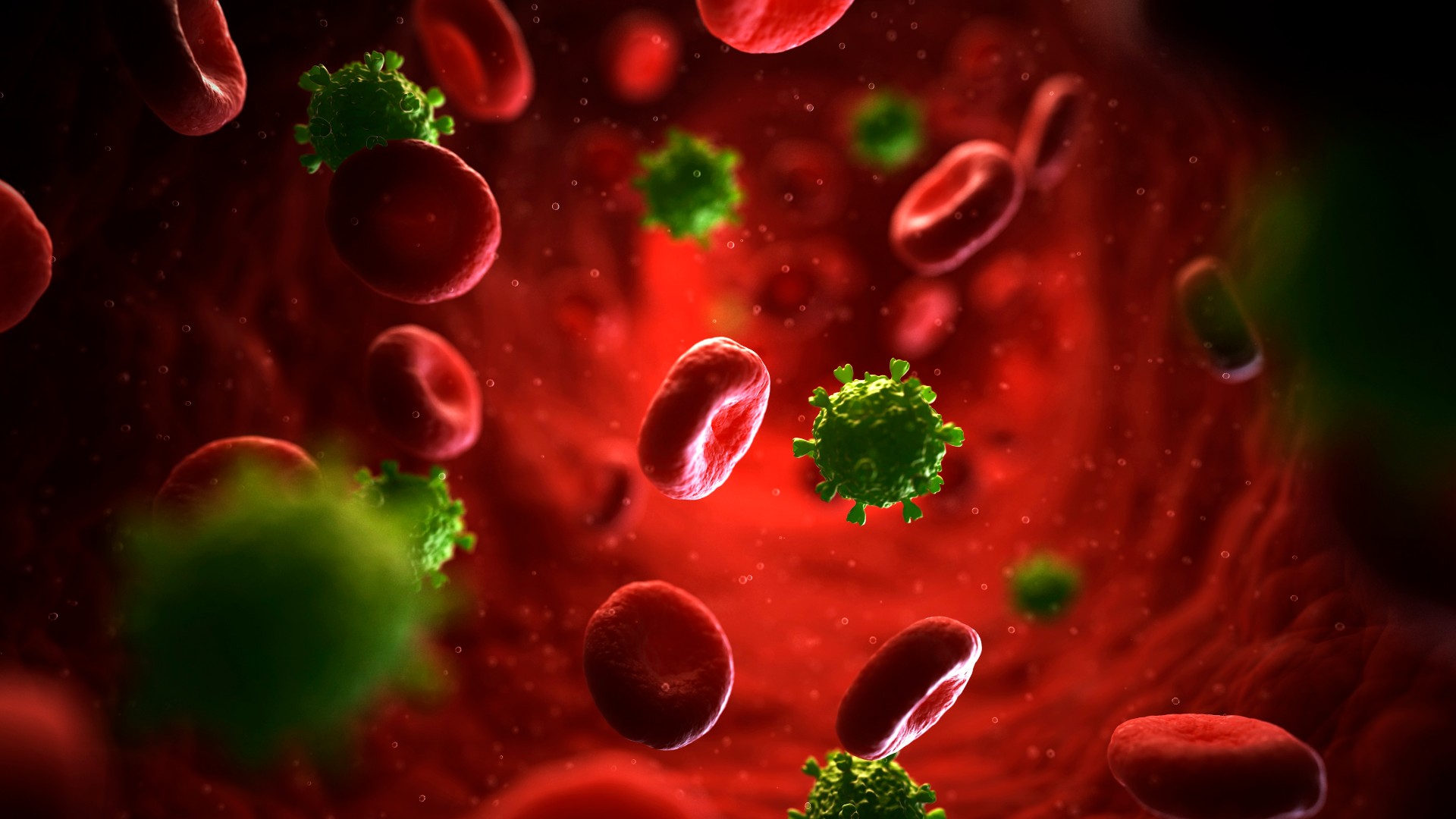 illustration of HIV particles in bloodstream