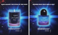 Travis Scott and Byredo 'Space Rage' candle and fragrance in blue and purple glass containers against image of the night sky