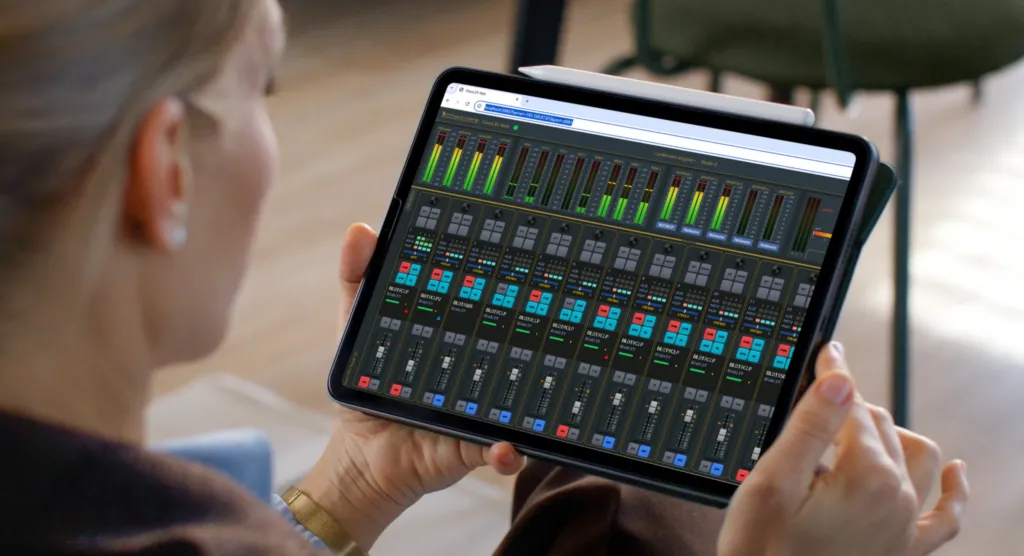 Wheatstone&amp;rsquo;s VML HTML5-based virtual console can be accessed through a browserfor mixing on a device such as a tablet.