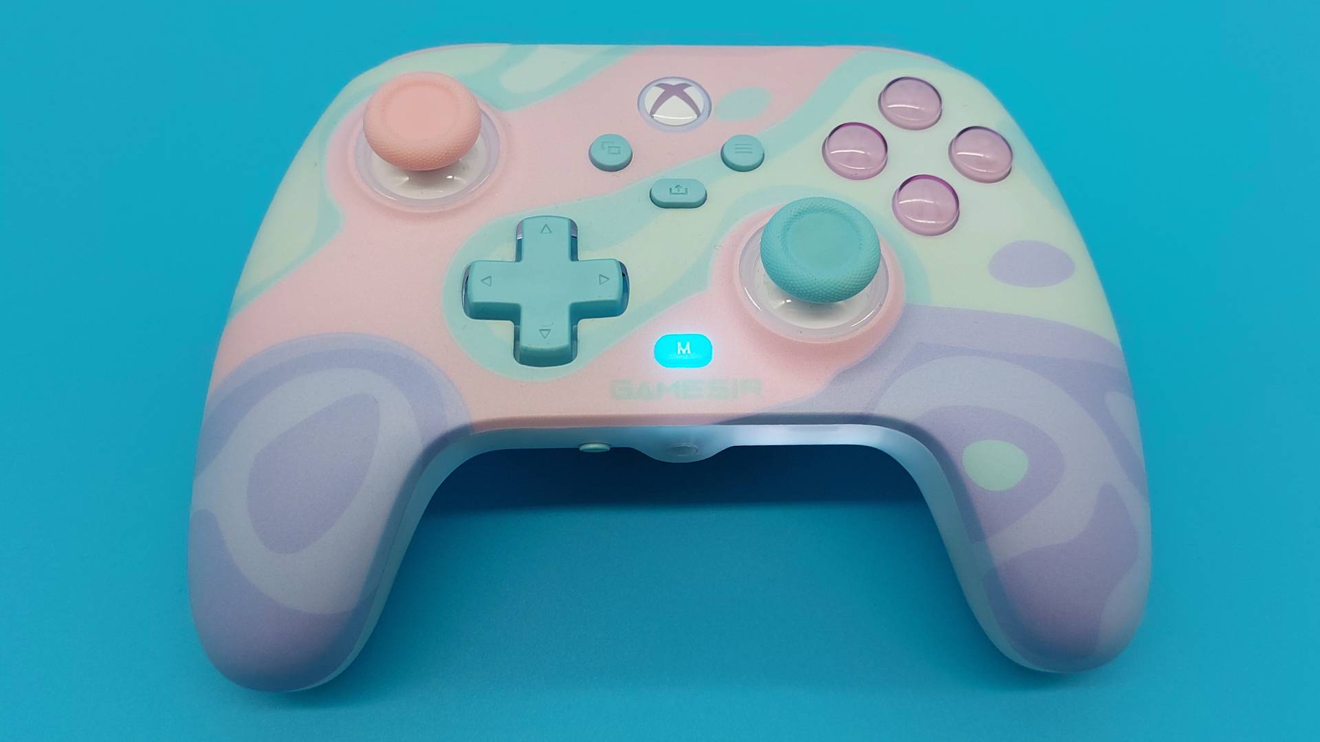 The GameSir T7 Pro Sugar Whirl Wireless Controller seen from various angles.