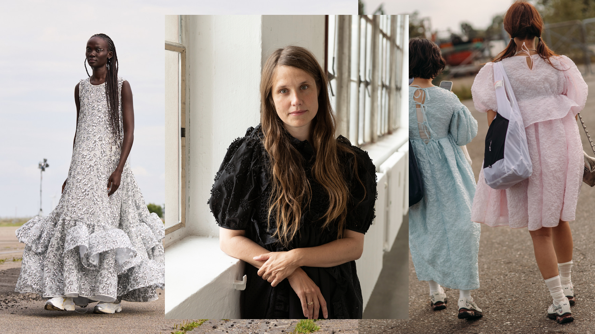 a collage of designer Cecilie Bahnsen with women wearing her dresses at Copenhagen Fashion Week