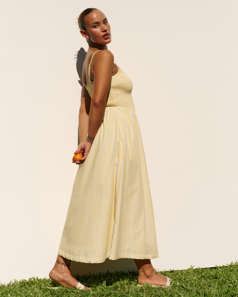 Dipped-Waist Smocked Midi Dress