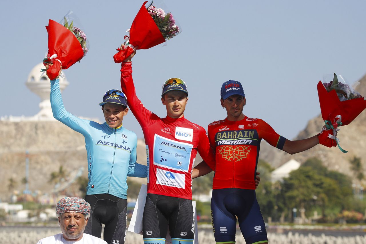 The 2018 Tour of Oman podium: Miguel Angel Lopez (Astana), Alexey Lutsenko (Astana) and Gorka Izagirre (Bahrain-Merida)