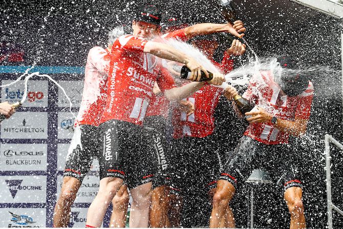 It&rsquo;s a champagne battle on the podium for the 2020 Herald Sun Tour&rsquo;s best team, Sunweb