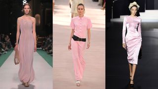 Composite image of models on catwalks wearing pink outfits from Victoria Beckham, Jil Sander and Dolce & Gabbana