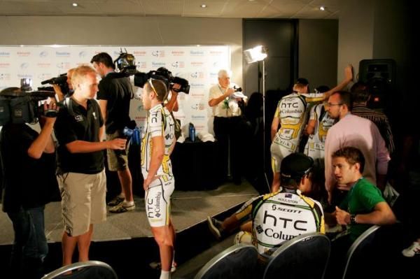 HTC-Columbia riders meet their media commitments at their Tour Down Under launch.