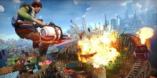 A guy shoots a rocket at a roller coaster in Sunset Overdrive.