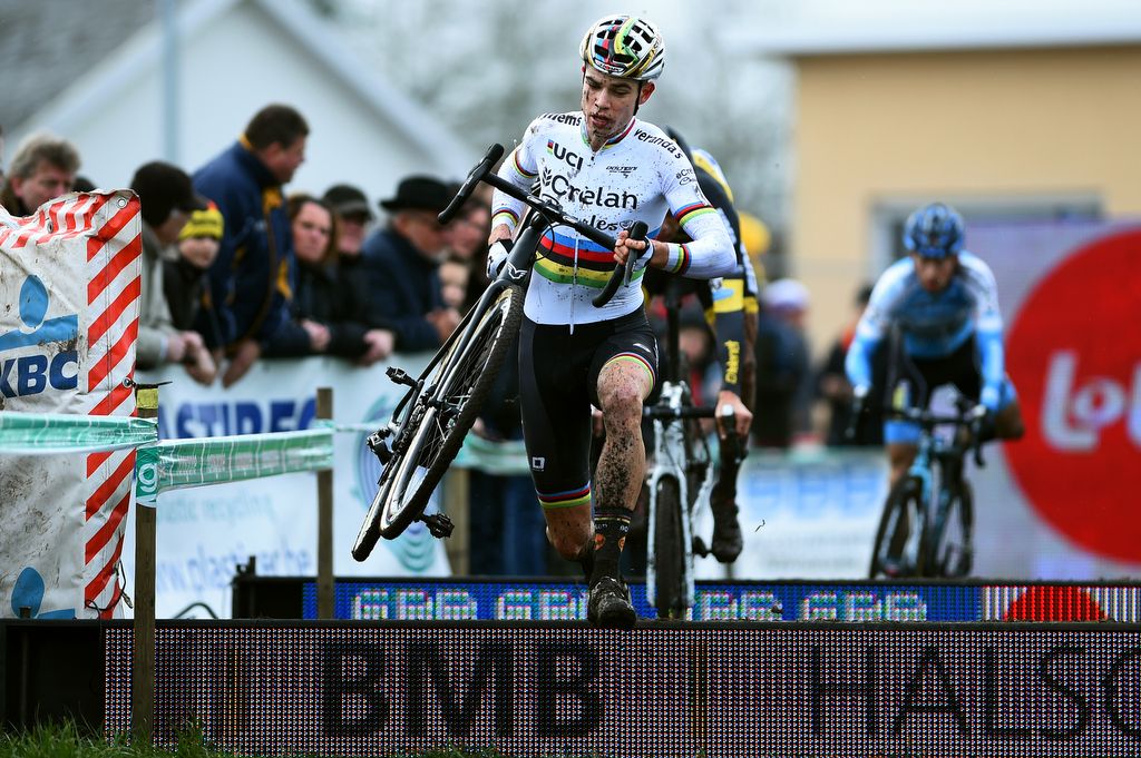 while Wout Van Aert carried his bike