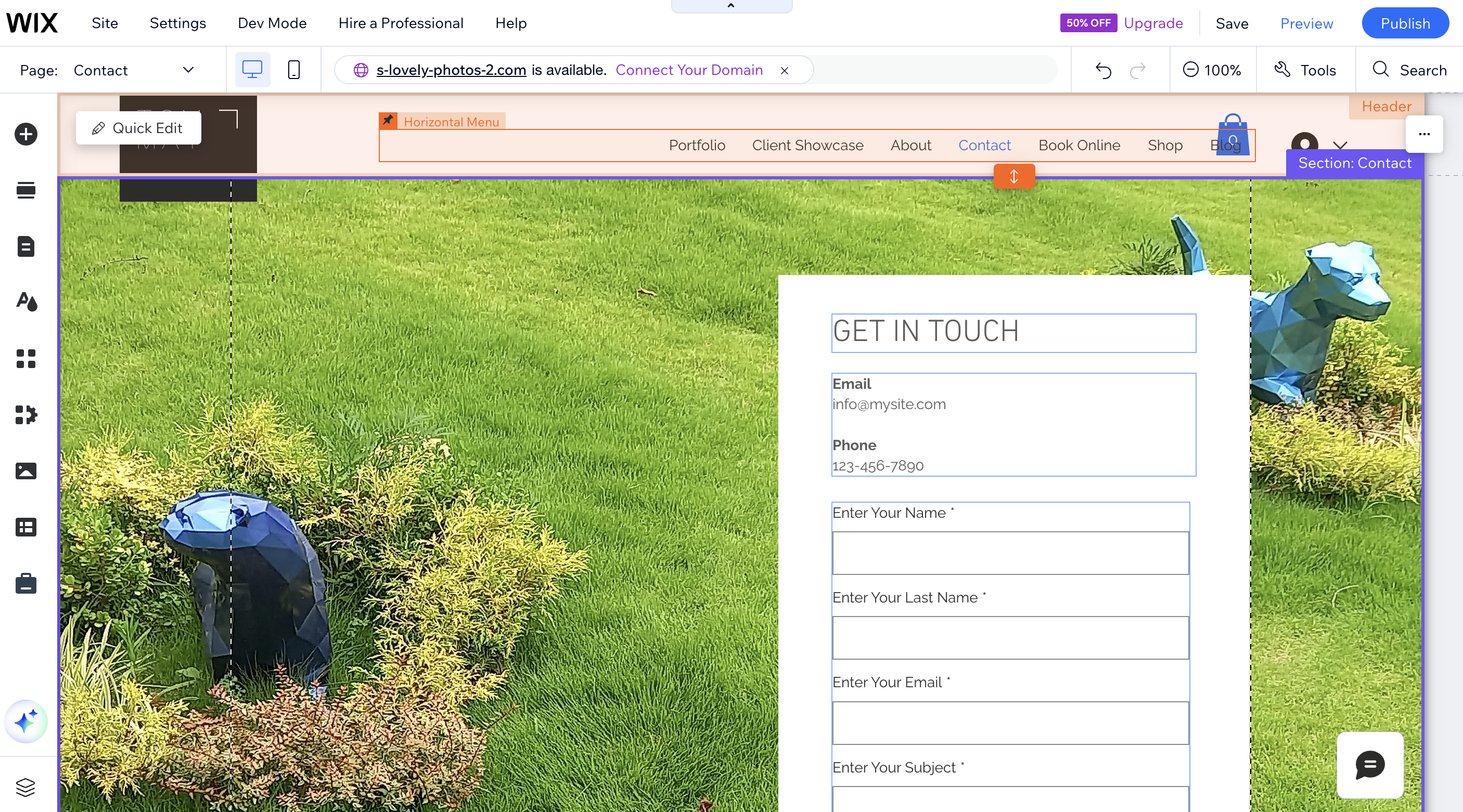 Contact page being edited in Wix Classic