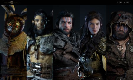 Crimson Desert artwork showing the main protagonist Kriff along with four other characters