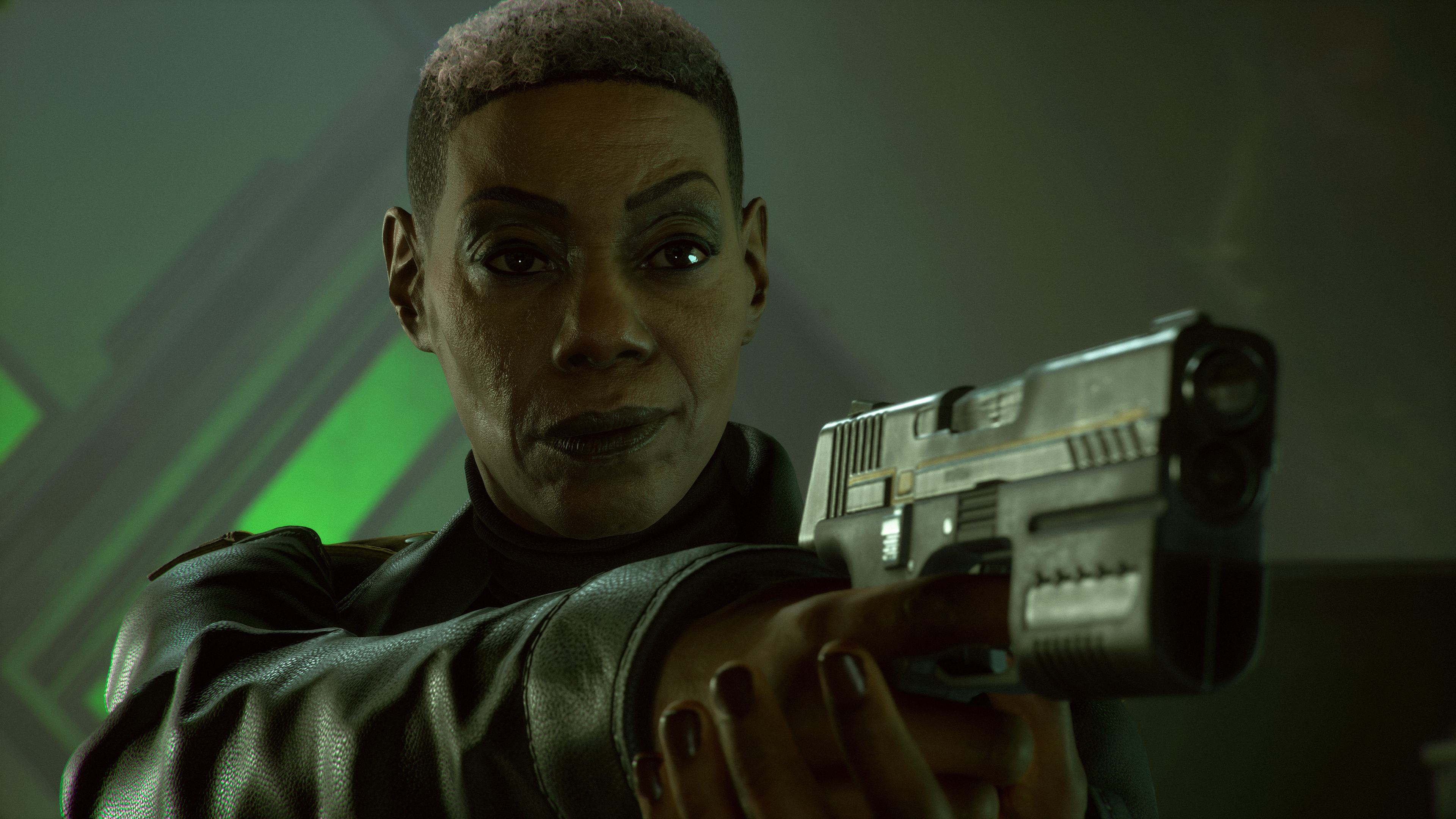 Suicide Squad's Amanda Waller pointing a pistol