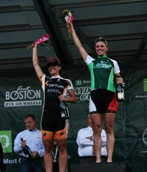 Women's TD Bank Mayor's Cup podium (L-R): Jade Wilcoxson (Optum p/b Kelly Benefit Strategies), 2nd and Erica Allar (RideClean/PatentIt.com), 1st