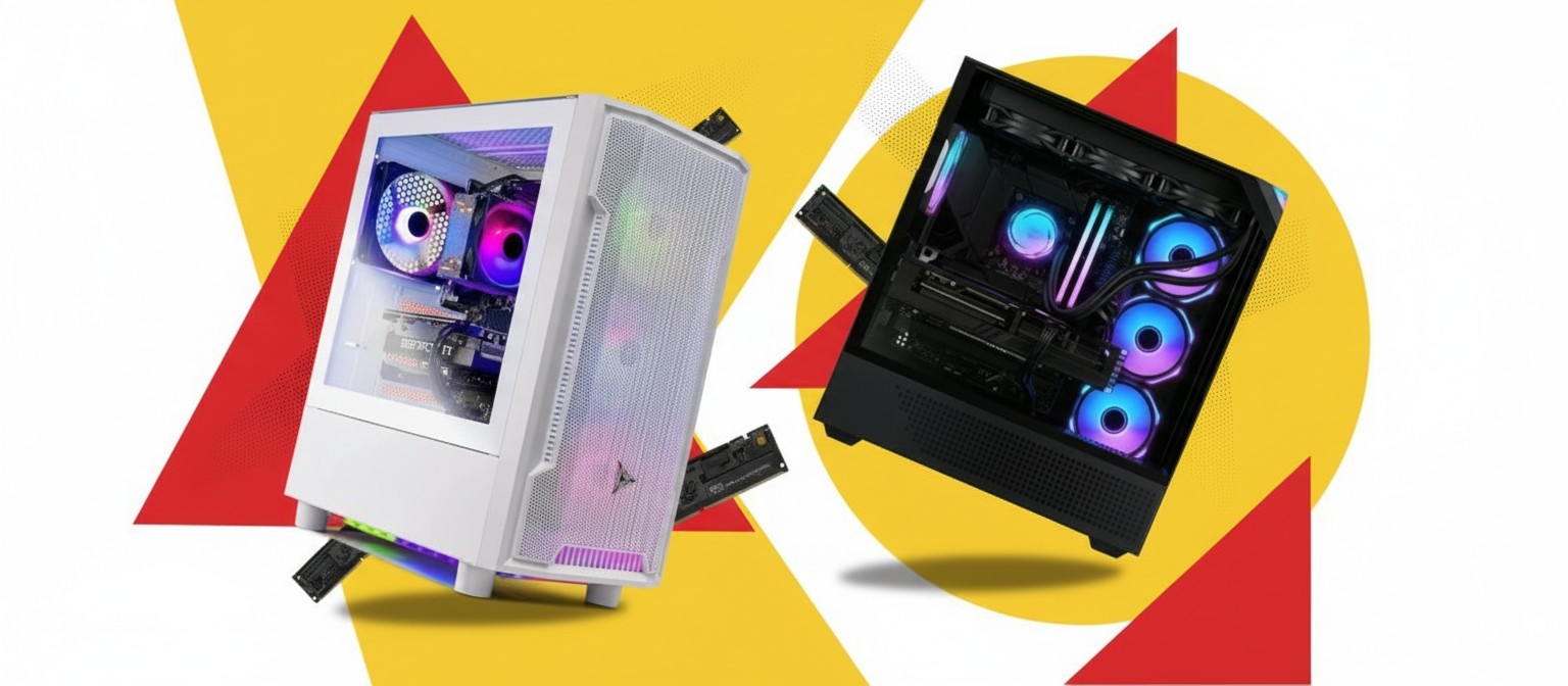 SkyTech and iBuyPower gaming PCs on an abstract background