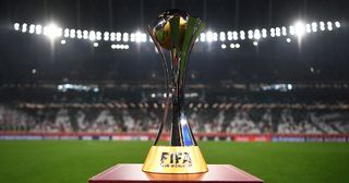Club World Cup: The winner's trophy is seen on a plinth at the side of the pitch prior to the FIFA Club World Cup Qatar 2020 Final between FC Bayern Muenchen and Tigres UANL at the Education City Stadium on February 11, 2021 in Doha, Qatar.