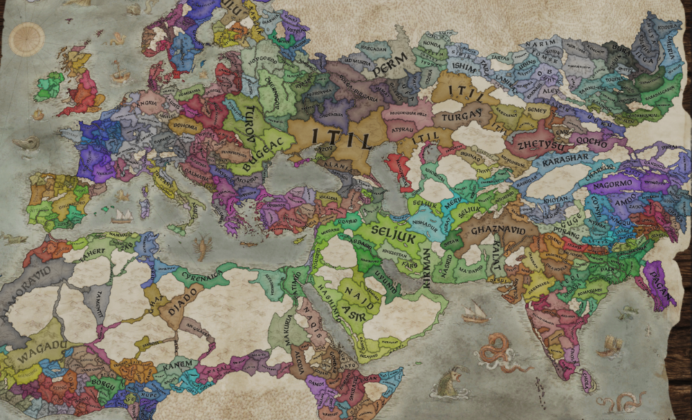 Une carte pour le mod Crusader Kings 3, Shattered Realms, avec des zones détruites séparant les régions
