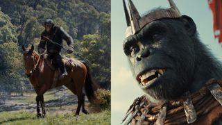 An image collage of Noa on horseback and a close up of Proximus Caesar in Kingdom of the Planet of the Apes