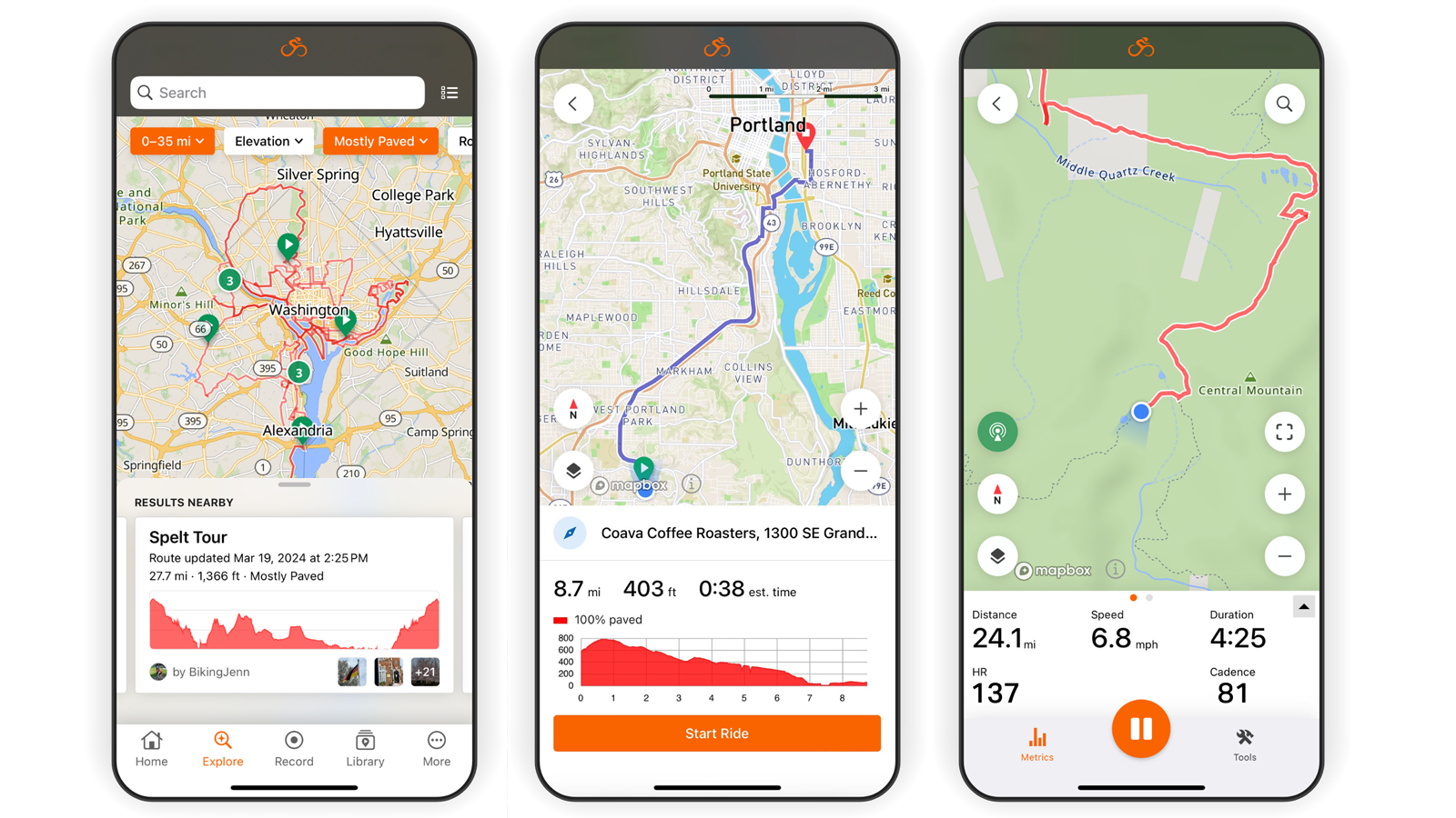 RidewithGPS smartphone app screen shots showing mapping functionality