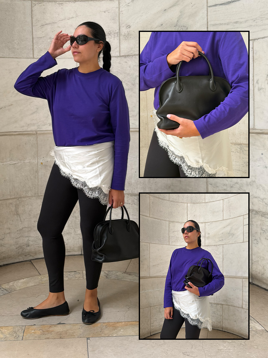 Woman wearing The Row Agnes Bag for a review.