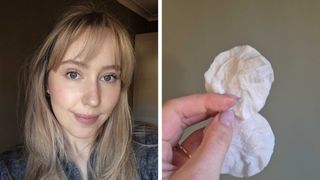 Image of Naomi Jamieson with blonde straight hair and bangs after testing the 100 year old makeup setting trick and a picture of the cotton rounds after application with the excess makeup on