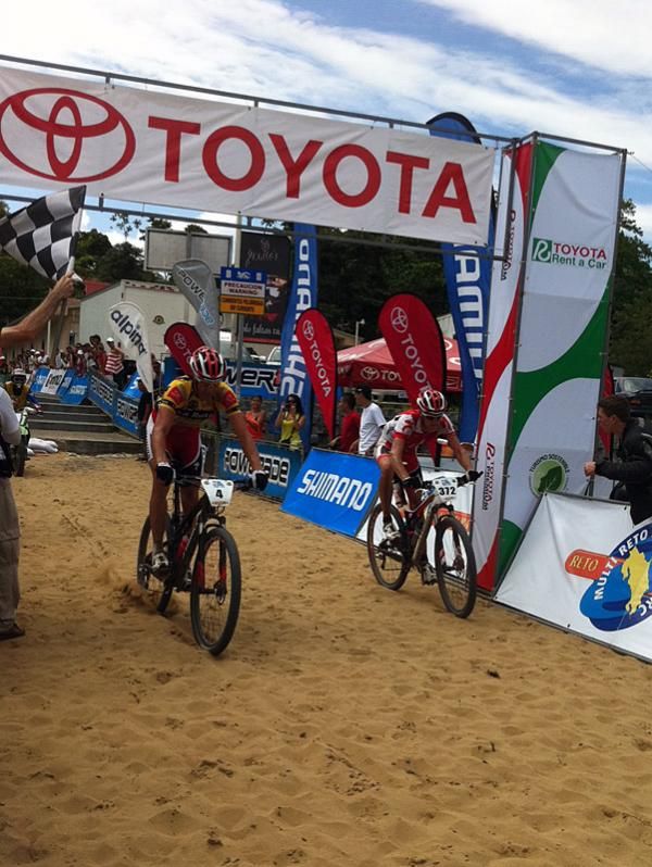 Race leader Todd Wells (Specialized), left, finished second on the final stage and secured overall victory at La Ruta.