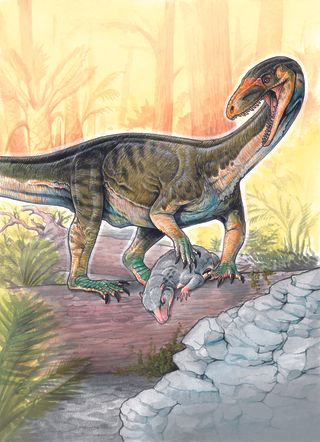 An illustration showing T. rhadinus chowing down on the cynodont. The toothy carnivore measured between 7 and 10 feet (2 and 3 meters) long and sported a lengthy neck and tail.